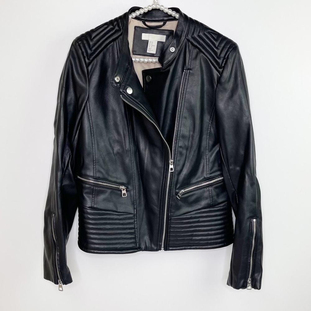 H&M Black Vegan Faux Leather Moto Biker Zipper Jacket Size 10